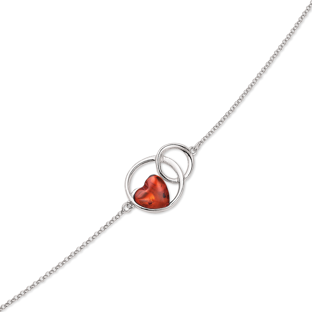 Bracelet Amber heart with round rings and smooth edge (925)
