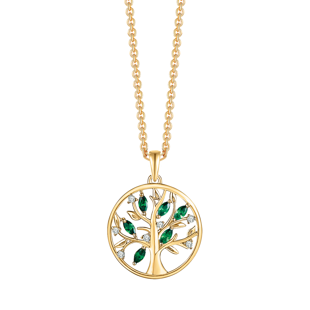 Necklace rhodium-plated tree of life in a circle with zirconia and in green color on leaves (925)