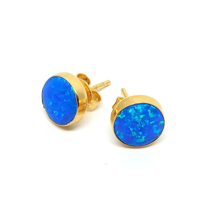Stud earrings 8 mm Royal Blue opal with smooth edge (925)