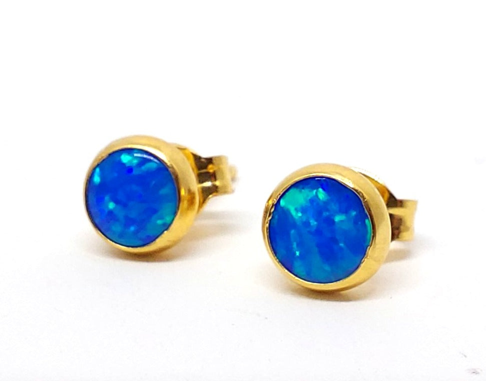 Stud earrings 6 mm Royal Blue opal with smooth edge (925)