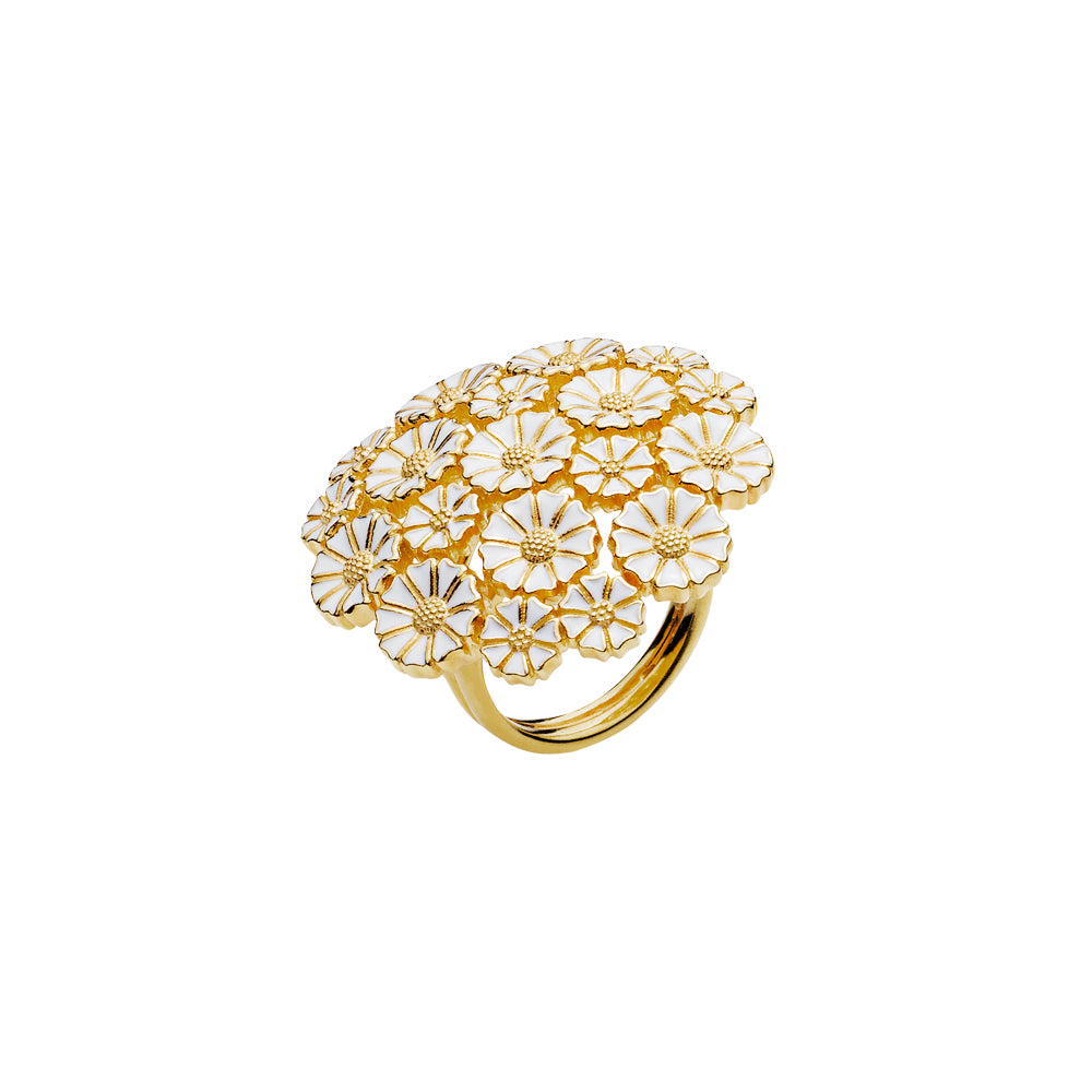 Daisy ring in 24 kt. gilded silver and white enamel, 19 flowers (925)