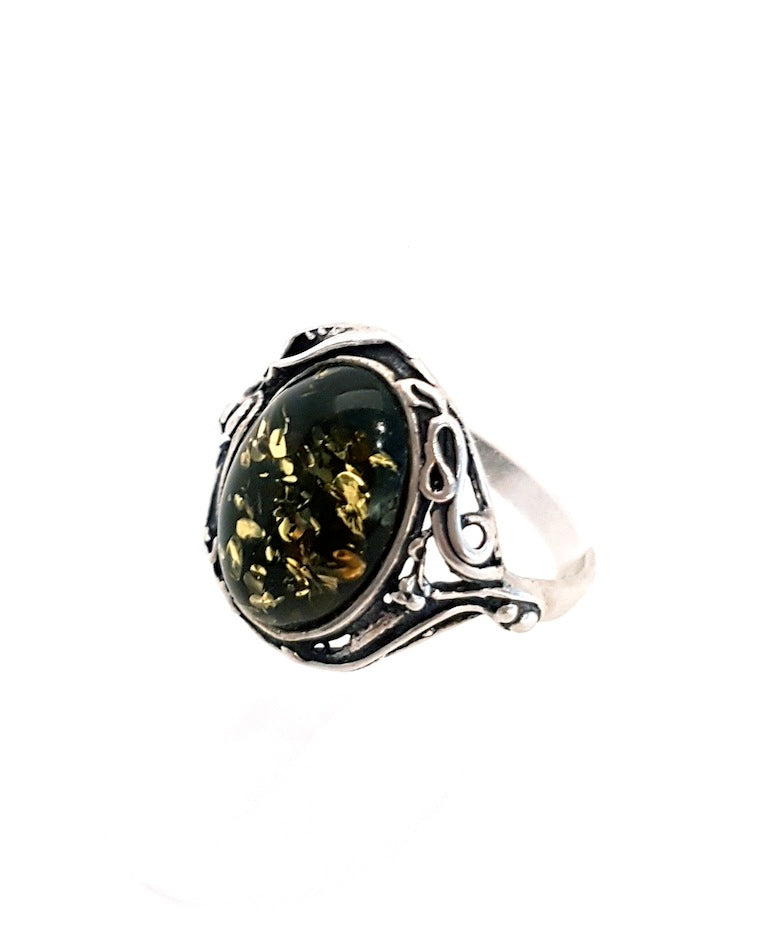 Ring with 13x10 mm green amber in sterling silver (925)