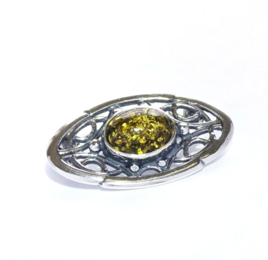 Brooch with green amber and antique pattern (925)