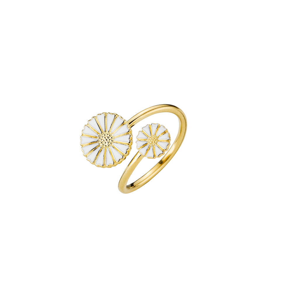 Daisy ring 24 kt. gold-plated silver and white enamel, 7.5/11mm flower (925)