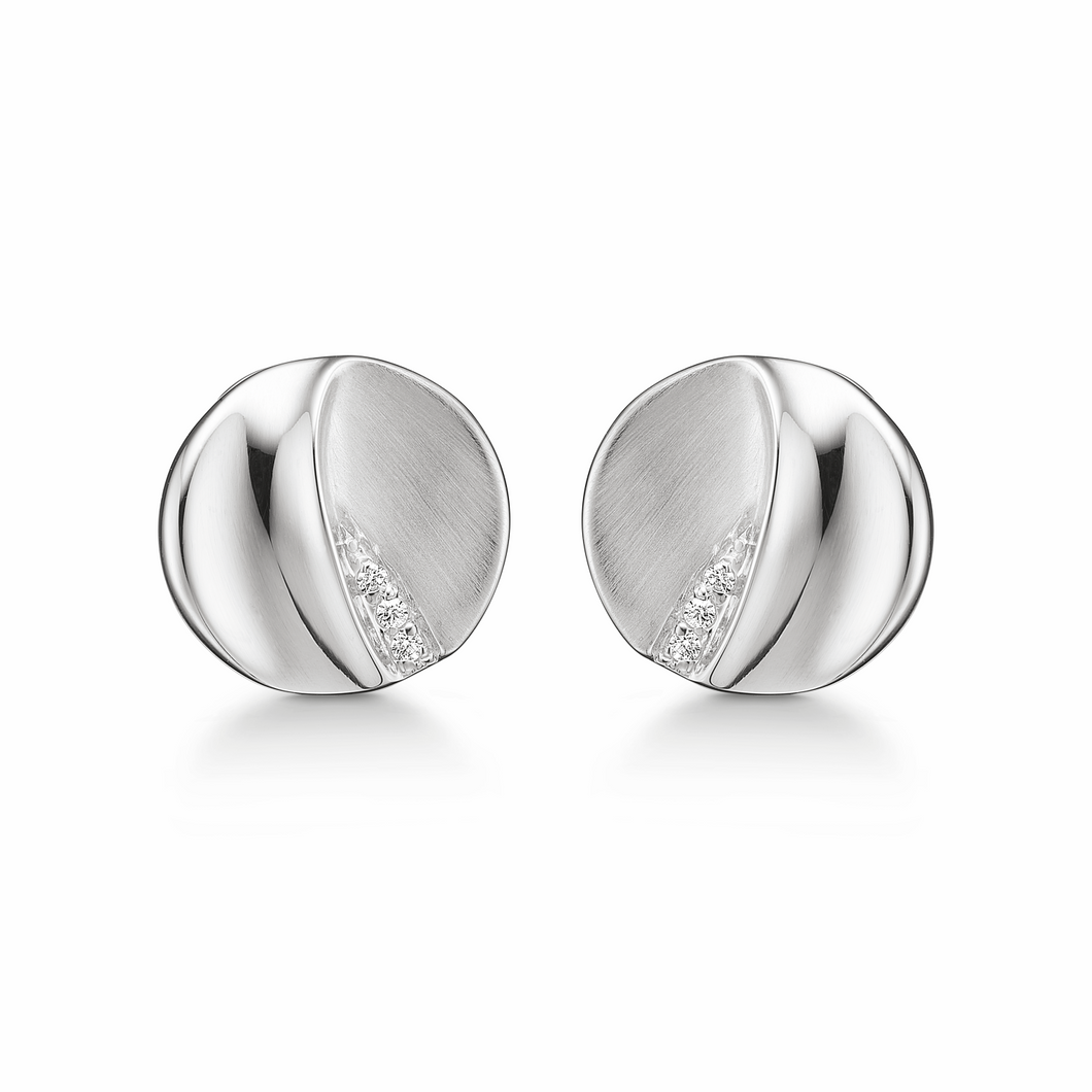 Ear clip, folded matt/glossy circle with synthetic. zirconia in sterling silver (925)