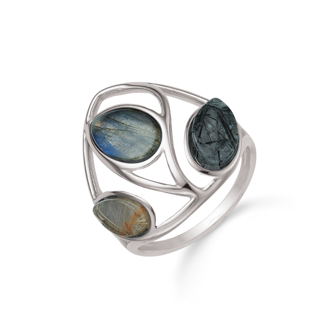 Ring with Rutile Quartz, Labradorite and Tourmaline Quartz (925)