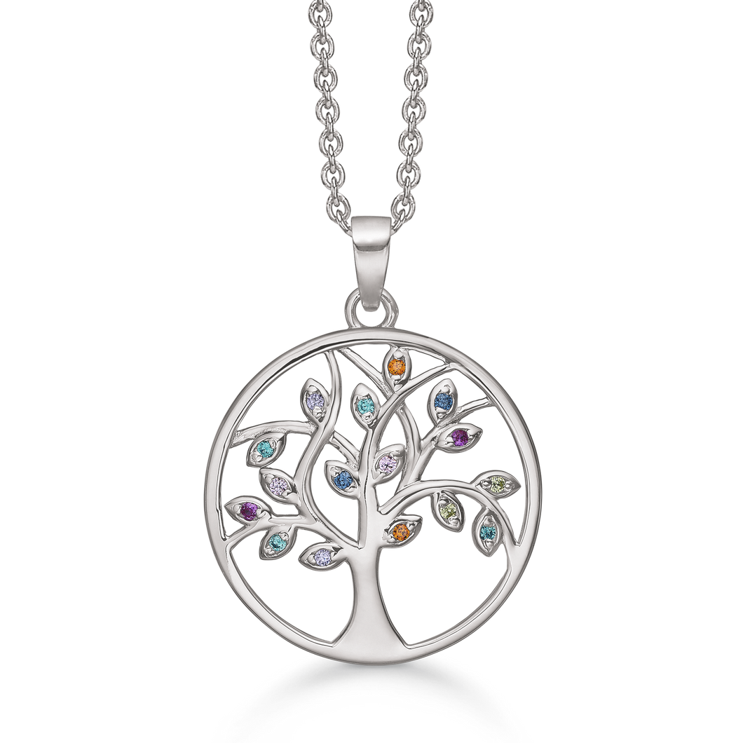 Necklace rhodium-plated tree of life in a circle with zirconia (925)