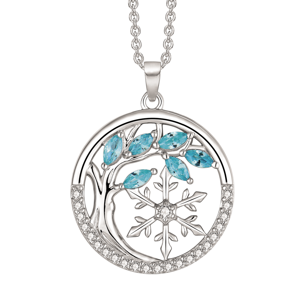 Necklace rhodium-plated tree of life in a circle with blue aquamarine and zirconia (925)