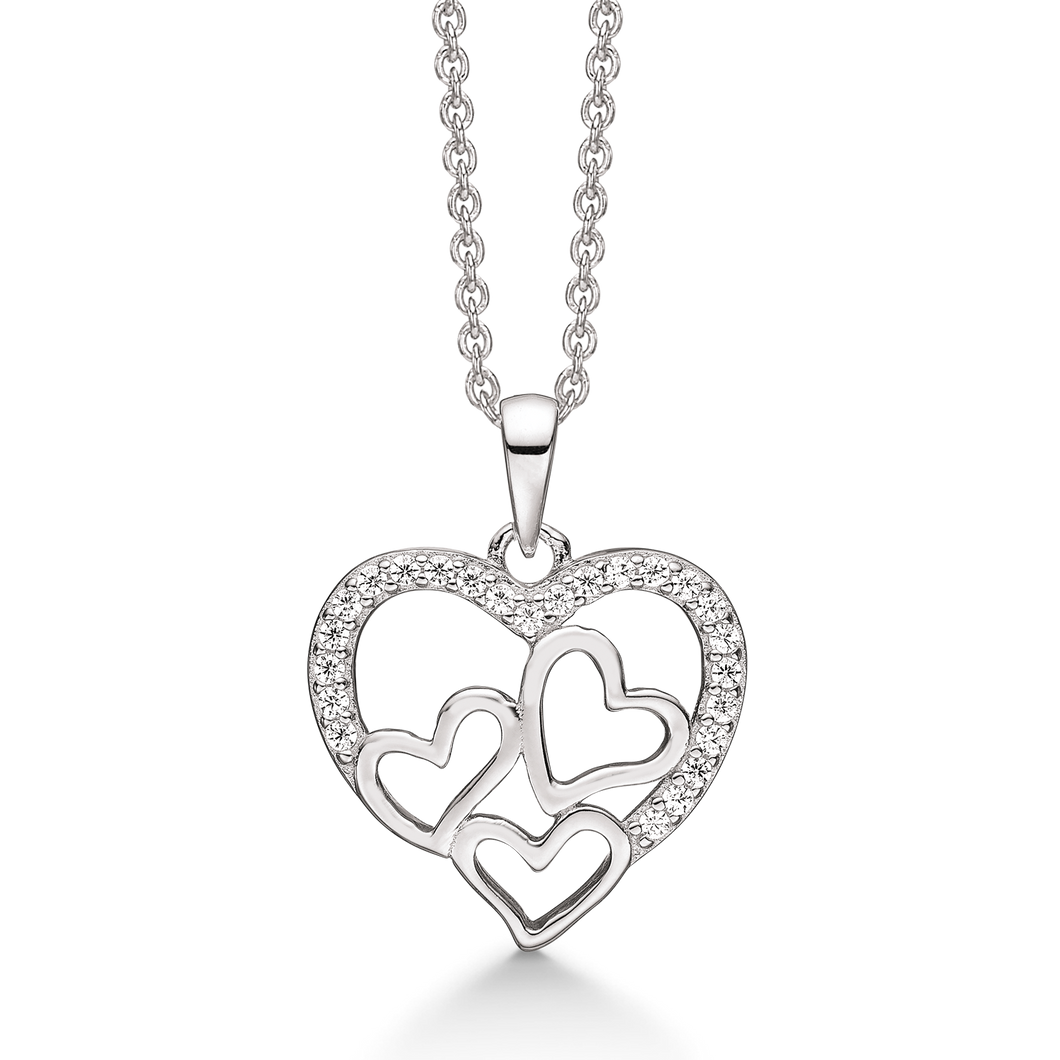 Halskæde rhodineret hjerte med zirkonia i kanten med 3 glatte hjerter indeni. (925)