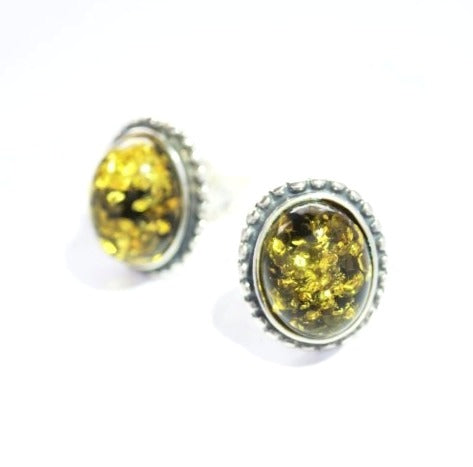 Green Amber Oval Earrings with Dotted Edge (925)