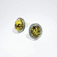 Load image into Gallery viewer, Green Amber Oval Earrings with Dotted Edge (925)
