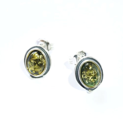 Green Amber Oval Earrings with Edge (925)