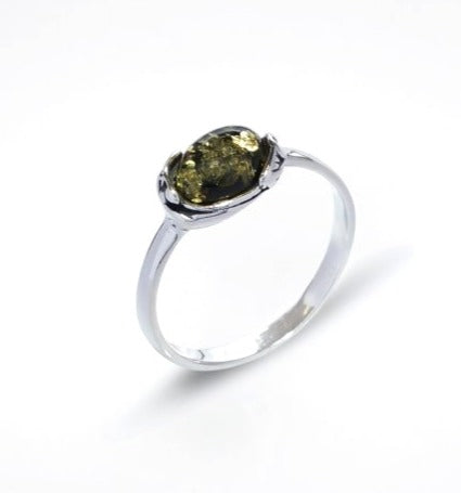 Ring with oval green amber in sterling silver (925)