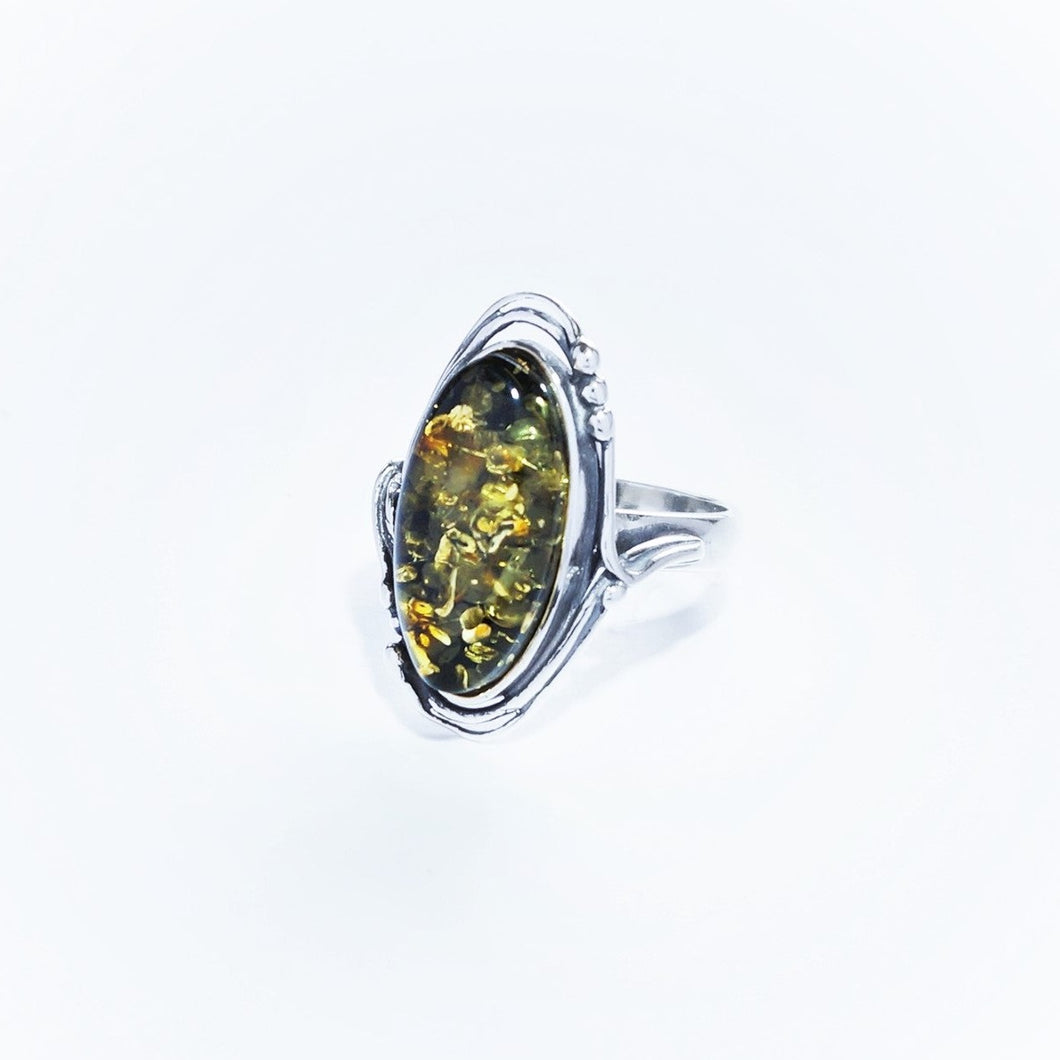 Ring with 18x10mm green amber in sterling silver (925)