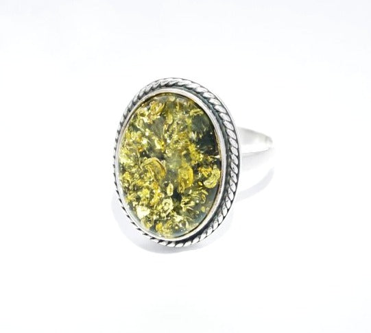 Ring with amber twisted edge large stone 19x14mm in sterling silver (925)