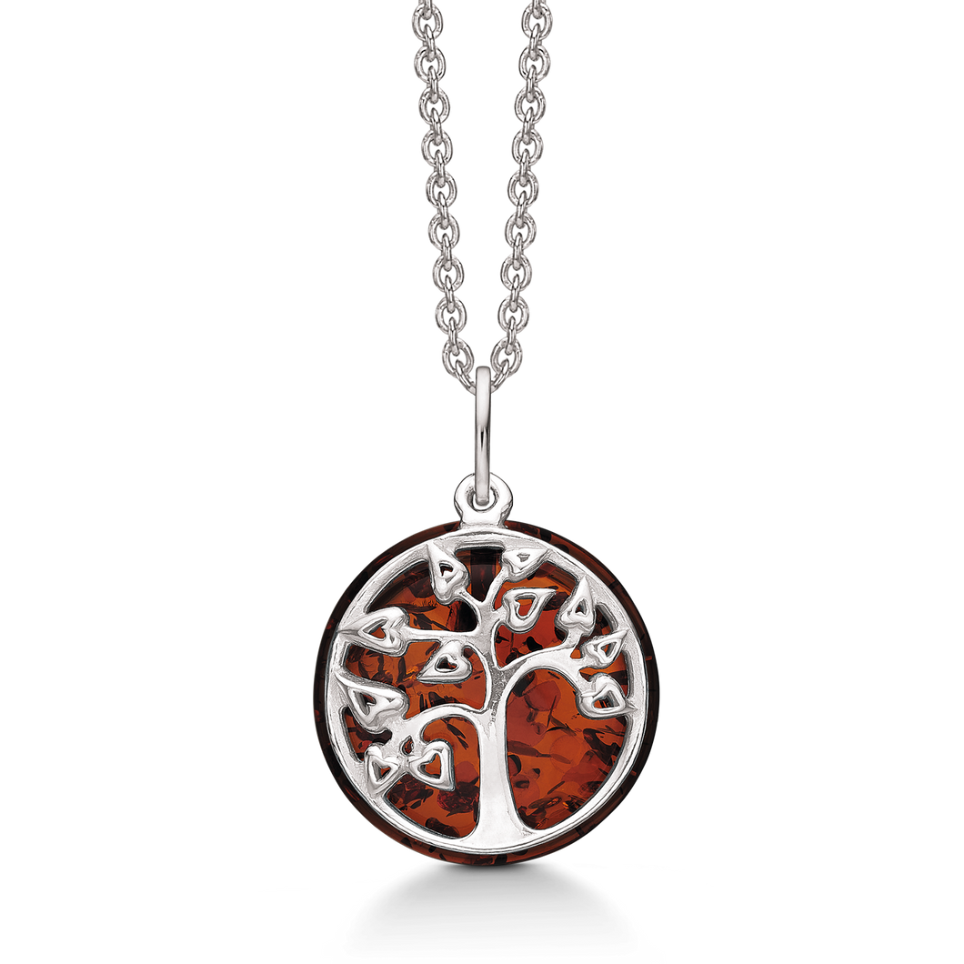Necklace with amber and the tree of life. (925)