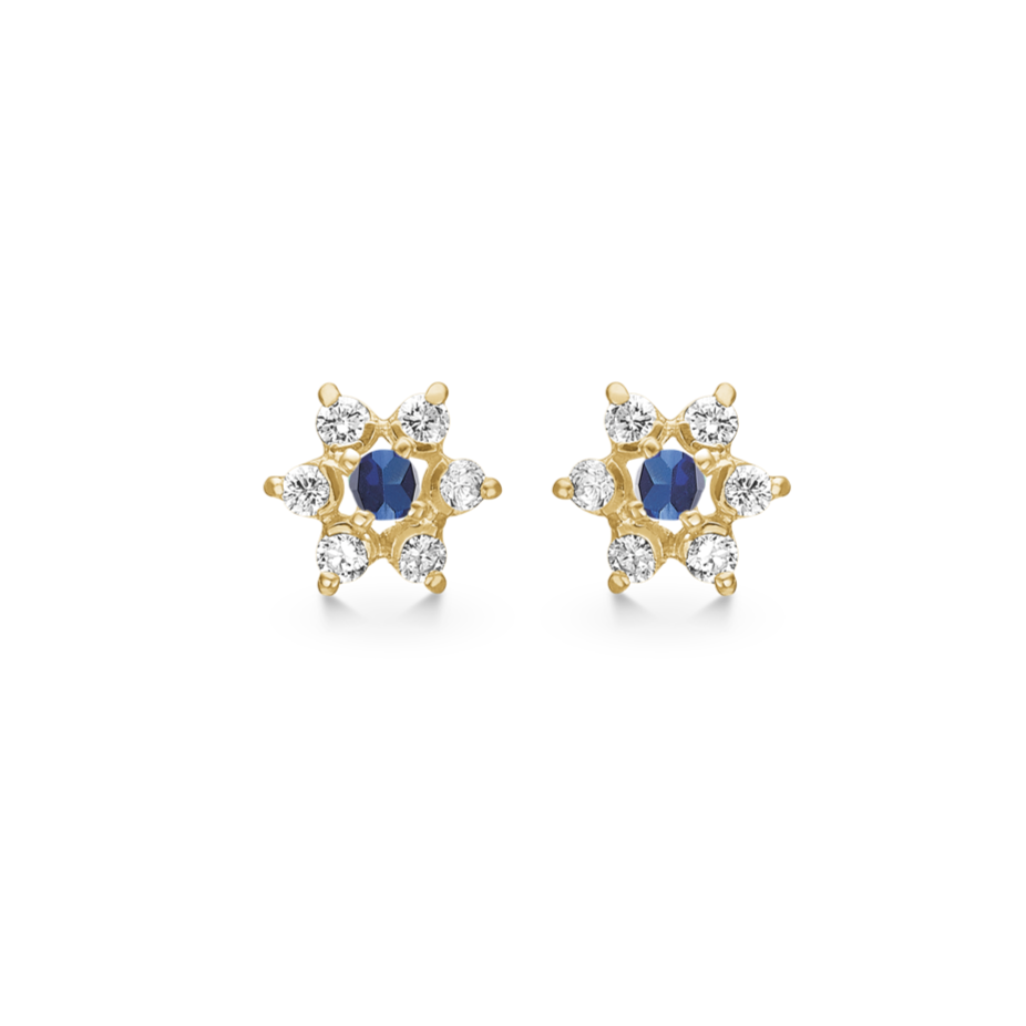 Rosette earrings with Sapphire and 6 synthetic cubic zirconia 8 kt. gold (333)