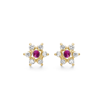 Load image into Gallery viewer, Rosette earrings with ruby ​​and 6 synthetic cubic zirconia 8 kt. gold (333)
