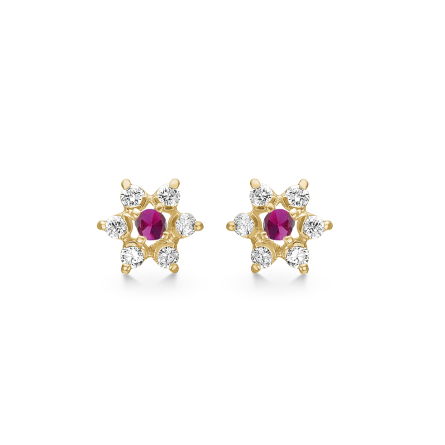 Rosette earrings with ruby ​​and 6 synthetic cubic zirconia 8 kt. gold (333)