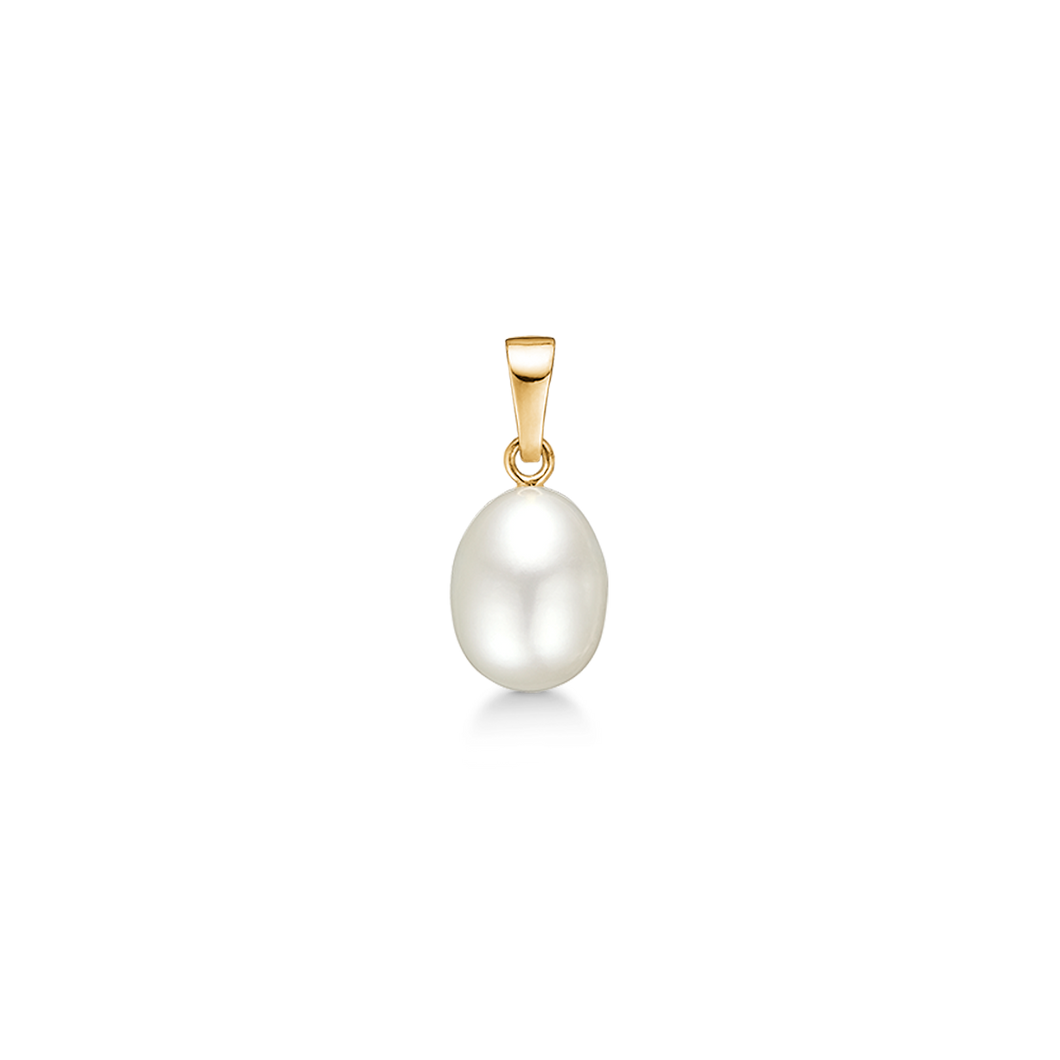 Due to 8.5x10 mm white freshwater pearl in 8 kt. gold (333)