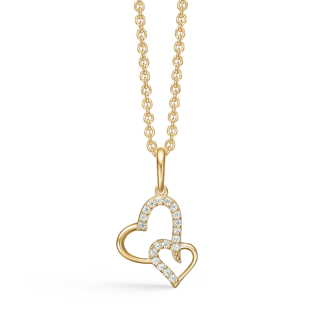Necklace with heart by with a small heart and synth. Zirconia in 14 kt. gold (585)