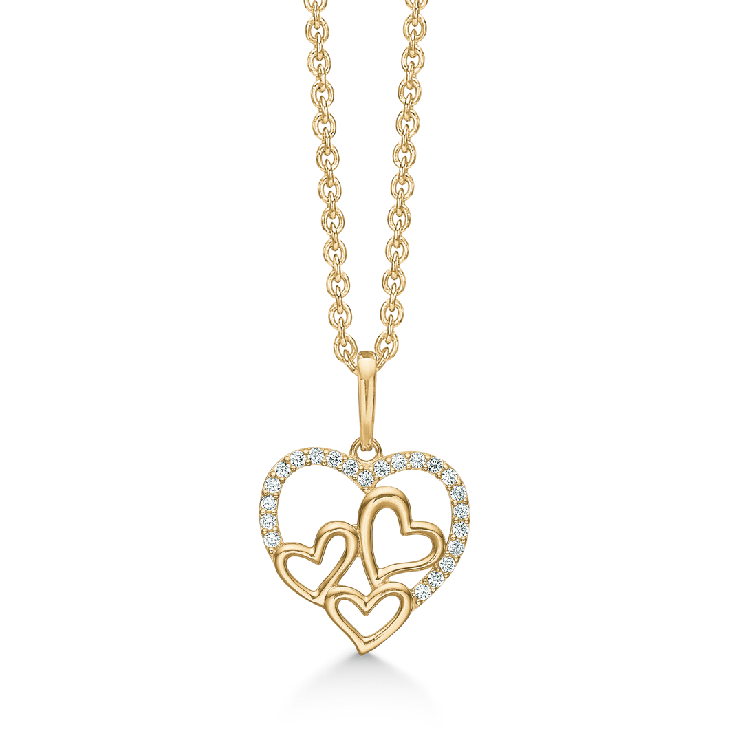 Necklace with heart by with 3 small hearts and synth. Zirconia in 14 kt. gold (585)