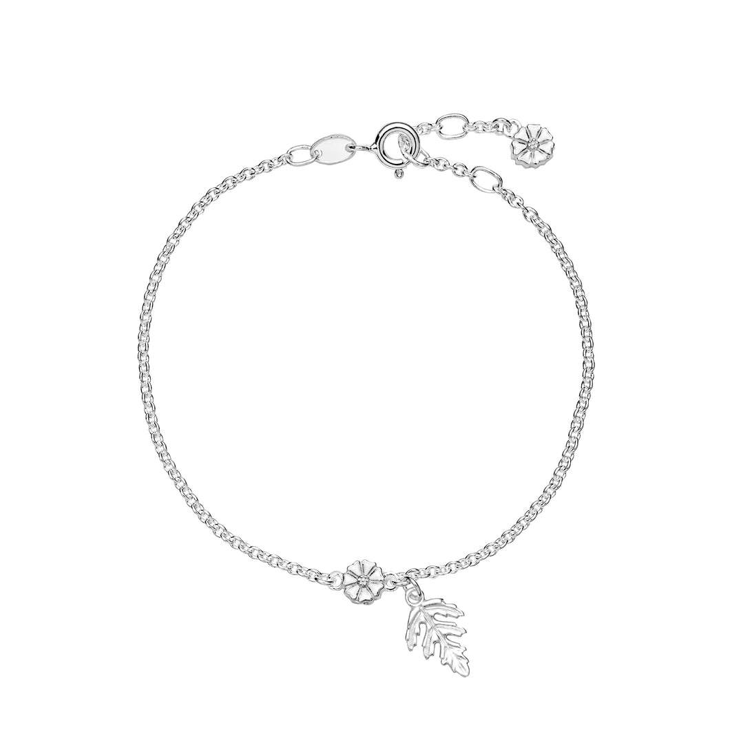 Daisy bracelet 2x5mm with leaf white enamel 17-19 cm (925)