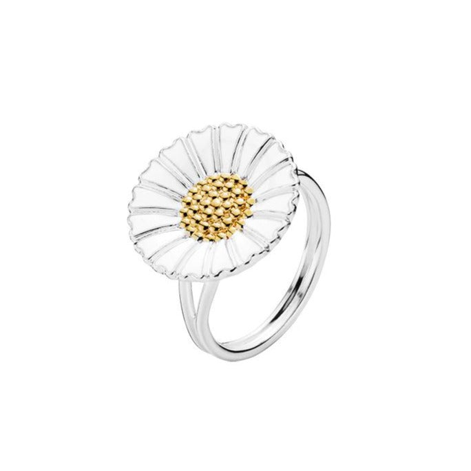Daisy ring in silver and white enamel and gold-plated center 18mm flower (925)