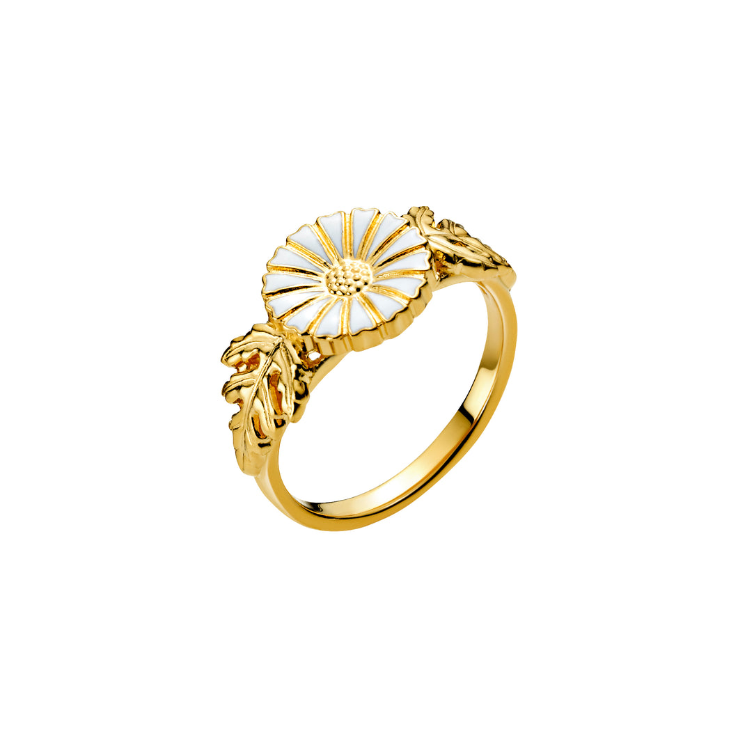 Daisy ring in gold-plated silver and white enamel, 11mm flower with oak leaf (925)