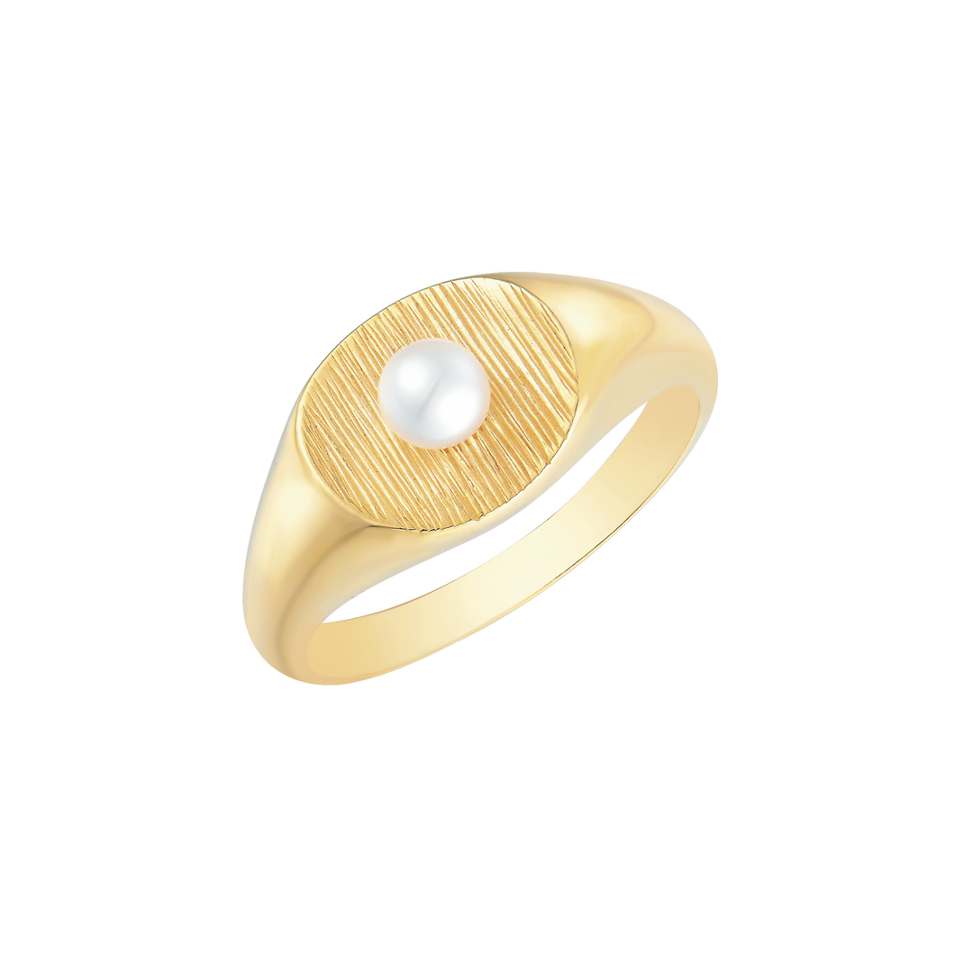 Ring, signet with pearl in gold-plated sterling silver (925)