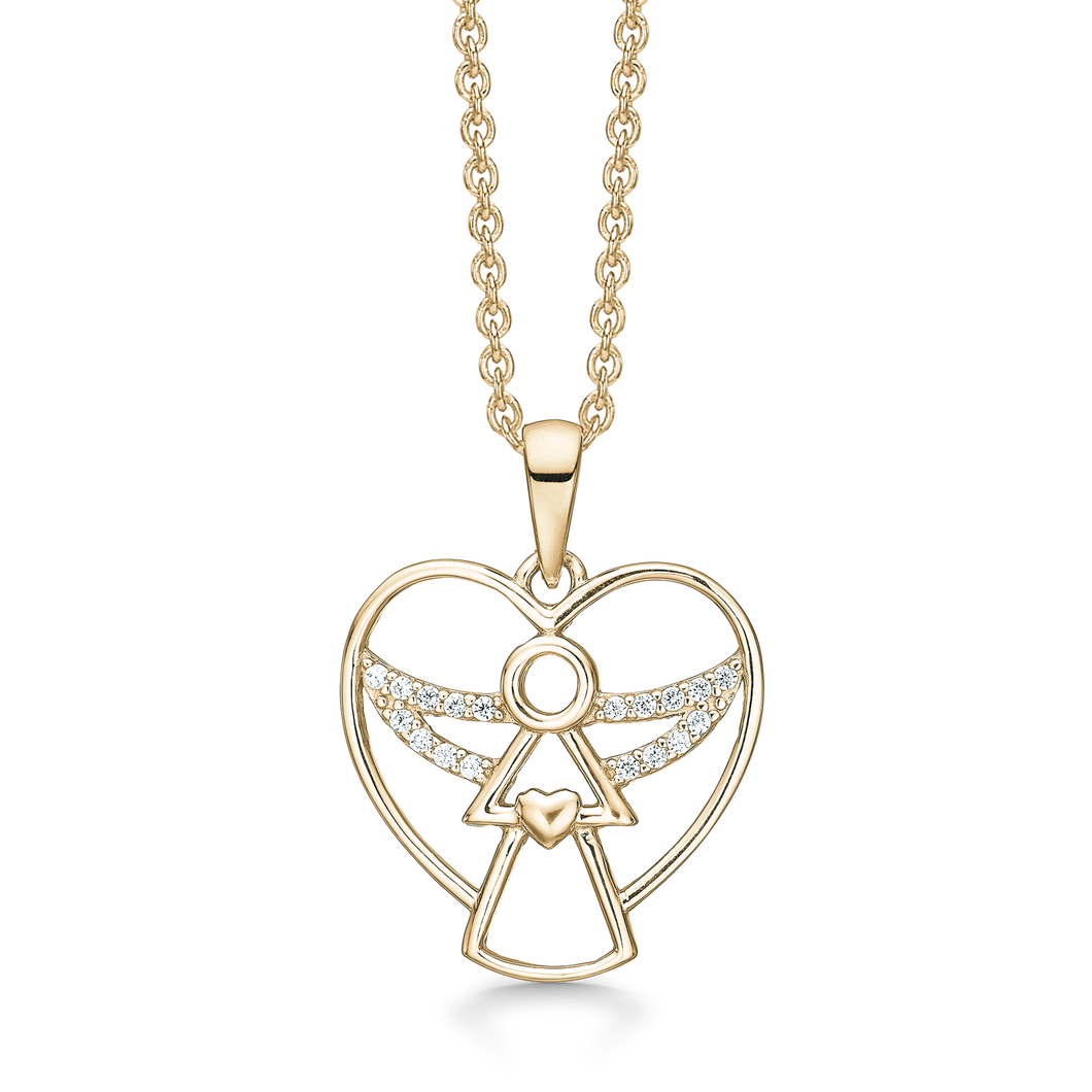 Halskæde hjerte med engel i midten med vinger med zirkonia (925)