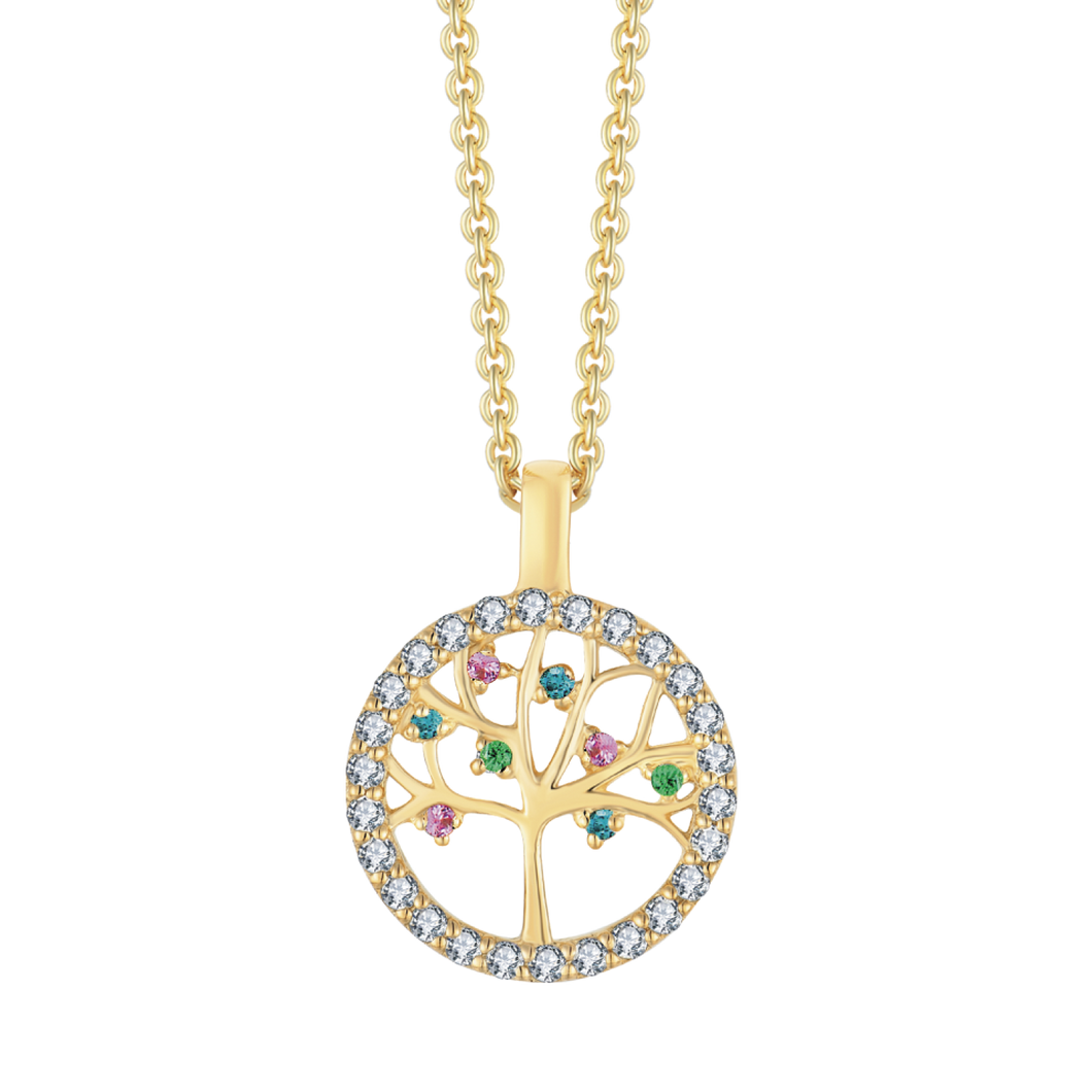 Necklace Silver-plated tree of life in a circle with zirconia in different colors. (925)