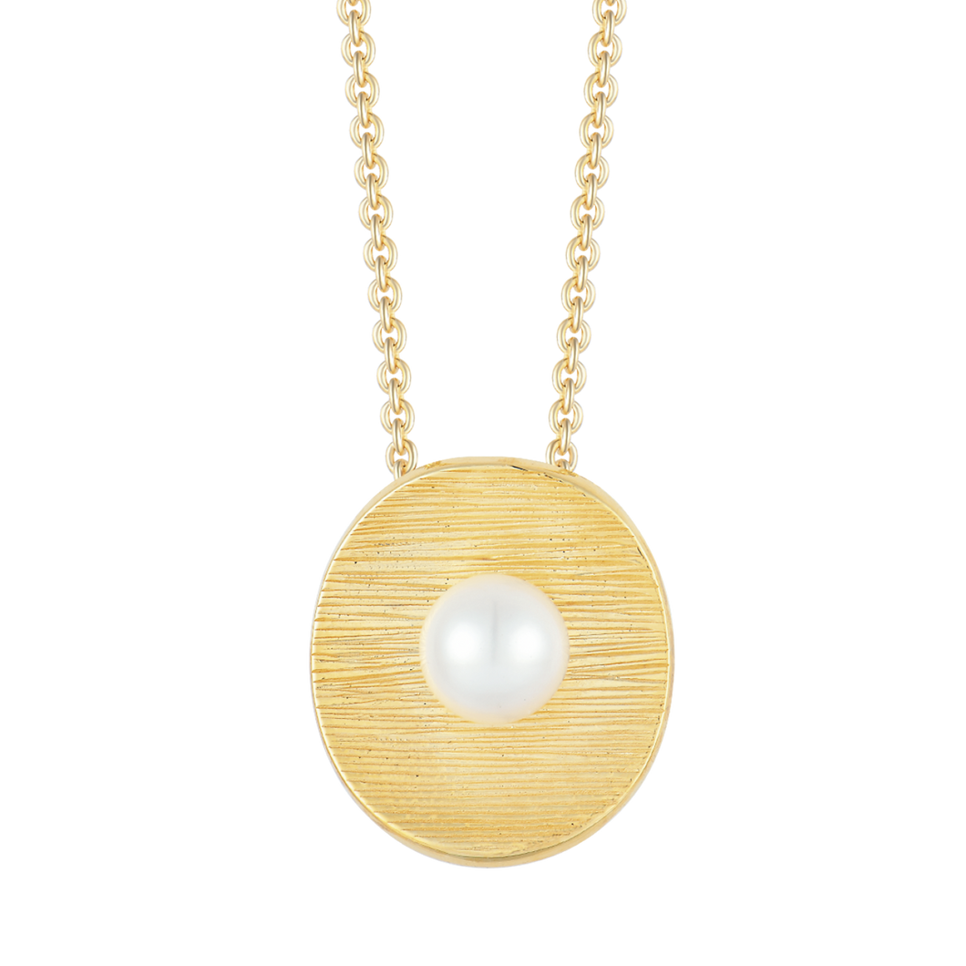 Necklace with linear texture plate and freshwater pearl (925)