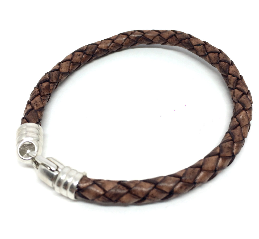 Leather bracelet ByKila, brown braided with sterling silver clasp (925)
