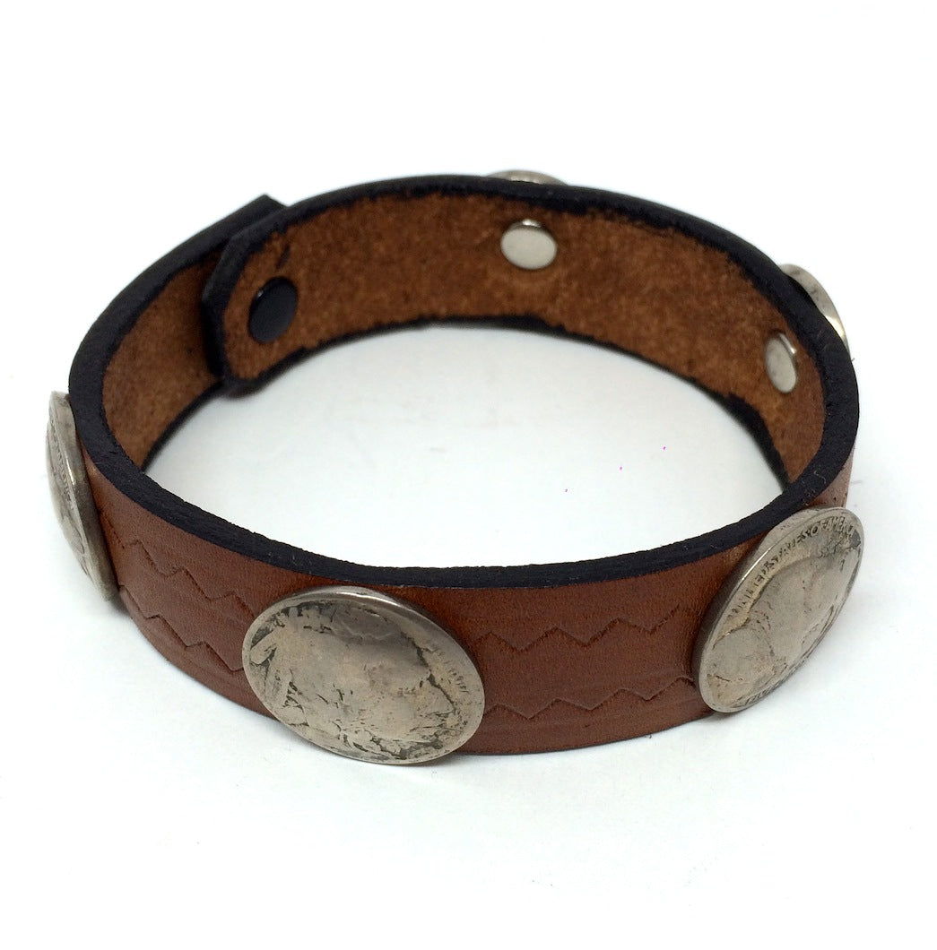 Brown leather bracelet with old coins from the USA