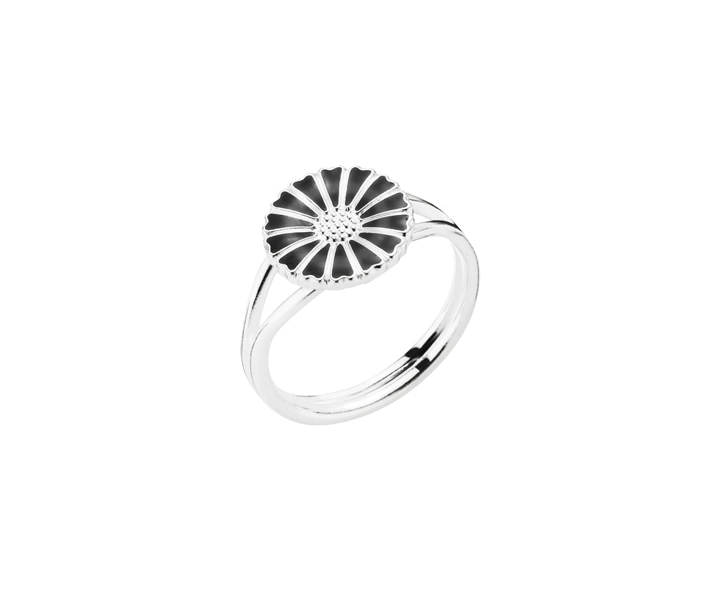 Marguerit ring 11mm i sølv og sort emalje blomst (925)