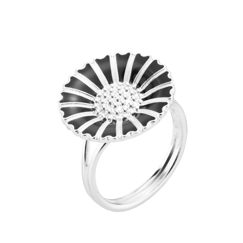 Marguerit ring 18mm i sølv og sort emalje blomst (925)