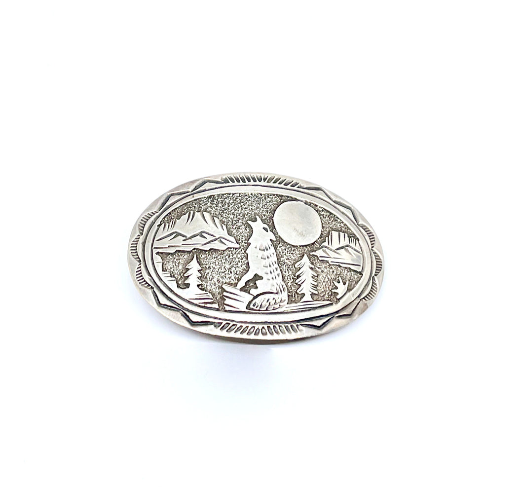 Navajo Belt Buckle with Wolf in Sterling Silver (925)