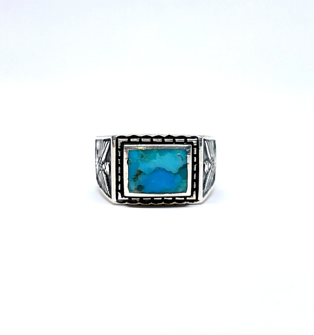 Ring with turquoise and eagles 10.3x7.9 mm in sterling silver (925)